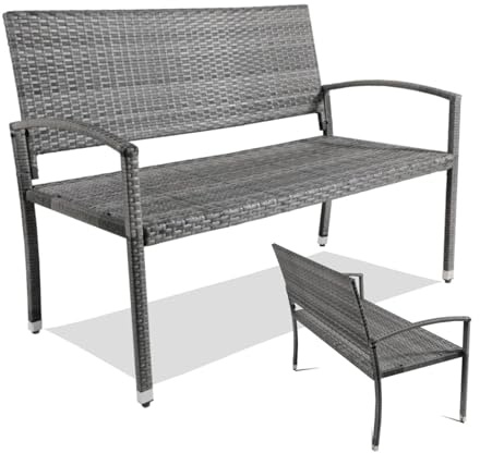 Clevich Rattan Garden Bench, 2 Seater Wicker Patio Bench with Curved Backrest Armrests, Adjustable Feet, Weatherproof PE, 320kg Capacity for Indoor/Outdoor/Balcony/Terrace, Double-Sided Rattan, Grey