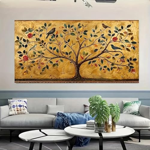 KEMEIQI Quadro moderno su tela raffigurante l'albero della vita, con fogliame e uccelli vivaci, perfetto per decorare il soggiorno e la camera da letto, 55x110 cm, senza cornice.