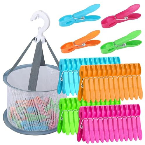 48 Stück Wäscheklammern with wäscheklammern Korb, Windfeste Bunte Wäscheklammern Ohne Abdruck, Plastik klammerbeutel sockenklammern für Wäscheleinen und Kleidung, Socken