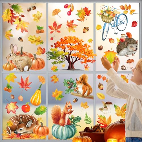 84 Stück Fensterbilder Herbst Selbstklebend 9 Blatt, Thanksgiving Herbstdeko Fenster, Fall Decor Ahornblätter Kürbis Kleiner Igel Fensterdeko Herbst für Kinderzimmer Cafe