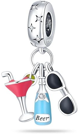 SBUTUXC Summer Cocktail Charm Pendant, 925 Sterling Silver, Pink Martini Beer Sunglasses Design, Multi-Color Zircon, 1.04x0.95 Inch