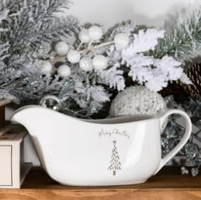 New Metallic Gold Pine Gravy Boat with Comfy Grip Handle, Enhances Any Dinning Setup, Add Festive Magic to Your Dinners, Perfect for Serving Up Sauces and Gravies, Elevate Your Table Setting - White
