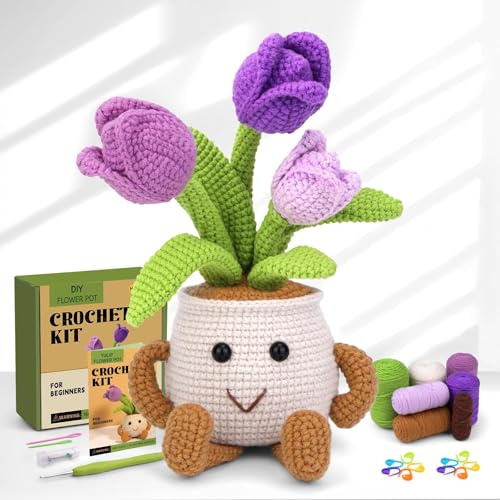 ENCHOL Crochet Kit, Cute Tulip Potted Beginner Crochet Kits for Beginners