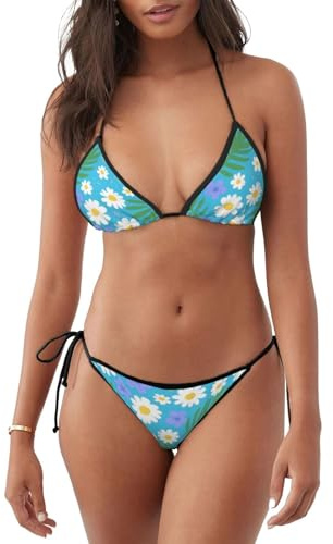 Dam sexig halterneck bikini halterbaddräkt sexiga badkläder S-2XL, Blad tusenskönor blå, XL