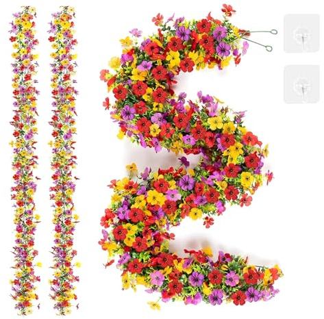 2 Stück Hängend Blumenranken Künstlich, 180cm Blumengirlande Künstlich Frühling Kunstblumen Girlande, Hochzeit Künstliche Blumengirlande Deko, Blumen Girlande für Außen Hochzeit Party Garten Wand Deko