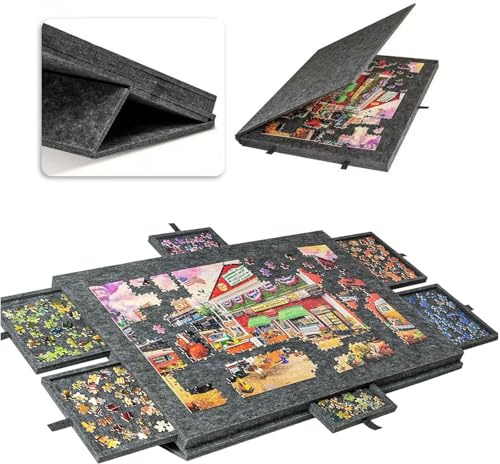Mesa De Rompecabezas 2 En 1 Para Puzzles De 1000/1500 Piezas, Tablero De Rompecabezas Plegable Y Portátil Con 6 Cajones, Fácil De Mover Y Guardar Bajo El Sofá, Para Adul Dark grey 77*53.6*4.2cm(1000)