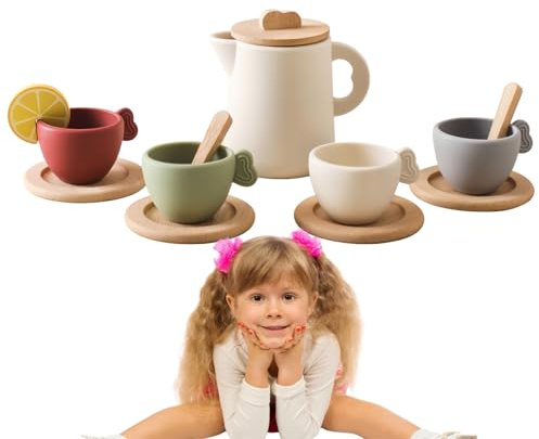 Service À Thé en Bois – Silicone Robuste | Dînette pour | Jeu D'Imitation Cuisine Accessoires De Jeu De Rôle Cadeau d'anniversaire Éducatif Filles Garçons