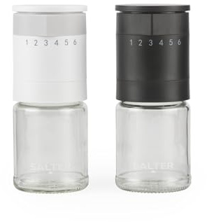 Salter Easy Grind Salt and Pepper Mill Set, 6 Grind Settings | No-spill base, ceramic grinding mechanism, clear acrylic body, twist-to-grind operation, 2 piece set, 5 year guarantee