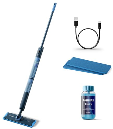 Philips OneUp 5000 Elektrischer Wischmopp, Blau, 2X Sauberere Böden | inkl. 2 Pads, 2 Feuchtigkeitsstufen für harte & empfindliche Böden, kabellos, 360° Drehgelenk (XV5113/11)