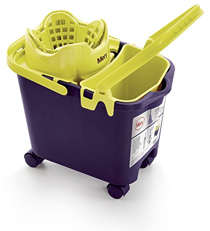 Mery - Cubo Strizzatore Automatico con Sistema a Molla, 4 Ruote Girevoli, e Canalizzazione per Lo Scolo, Adatto a Tutti i Mop, Viola e Giallo, 14 L