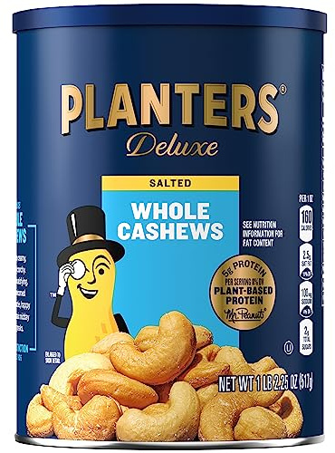 PLANTERS Deluxe Salted Whole Cashews, Party Snacks, Plant-Based Protein, Quick Snack for Adults, After School Snack, Roasted Cashew Flavored with Sea Salt, Bulk Nuts, Kosher, 1 lb 2.25oz Canister