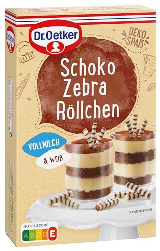 Dr. Oetker Schoko Zebra Röllchen, 5 x 75 g, essbare Kuchendekoration aus Vollmilch- & weißer Schokolade, zum Verzieren von Torten, Kuchen & Desserts, kreatives Topping