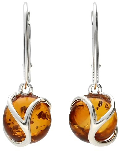 Swirl Overlay Circle Baltic Honey Amber Lever Back 925 Sterling Silver Earrings for Women/Ladies - Fancy Art Deco Cognac Amber Dangly/Dangle Drop Earrings. 070444