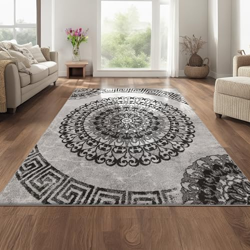 Paco Home Teppich Klassisch Gemustert Kreis Ornamente in Grau Schwarz Meliert, Grösse:80x150 cm