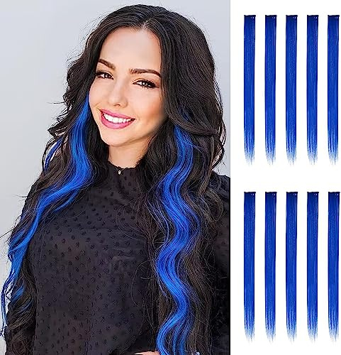 FESHFEN Extension Capelli Colorati Clip - 10 Pezzi Ciocche Capelli Blu Reale Colorate Extensions con clip per Carnevale e Feste per Donna, 55 cm