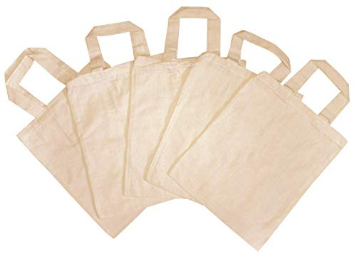 5 sacchetti di stoffa per bambini, non stampati, da dipingere, ricamare, incollare, 22 x 27 cm, 100% cotone, 2 manici corti, adatti per bricolage, borsa per la farmacia e la spesa, naturali