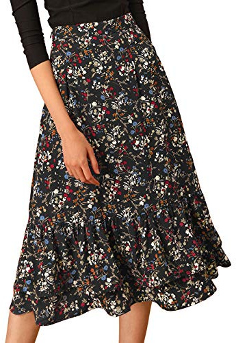 Allegra K Women's Printed Skirt Chiffon Elastic Waist Ruffle Tiered Flowy Midi Skirts Large Black-Floral