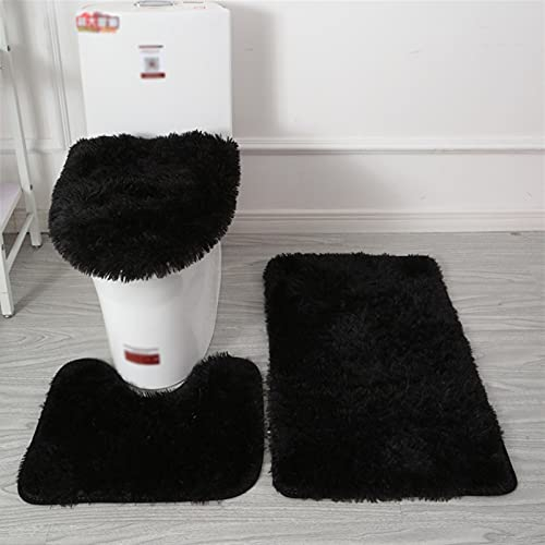 Lifup Alfombrillas de Baño Rectángulo Pelo Largo Mullidas Suaves, Antideslizantes Lavables Alfombras de para Inodoro, Tapa para Tapa Inodoro, Set 3 Piezas Negro