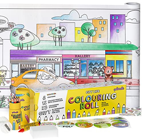 qollorette Malset für Kinder mit Malrolle, Buntstiften, Wachsmalstifte und Aufkleber Stadt Leben– das Perfekte Malbuch für Kind Geschenk, 480 x 29cm (16 feet)
