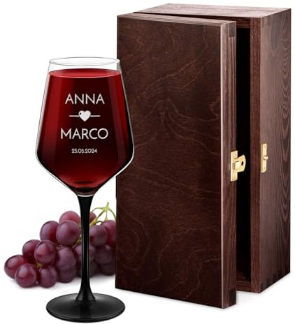 Maverton Calice da vino Rubino 300 ml - incisione personalizzata - con gambo nero - pensiero speciale per nozze - adatto per vino secco e dolce - unico per coppia - amore tra loro