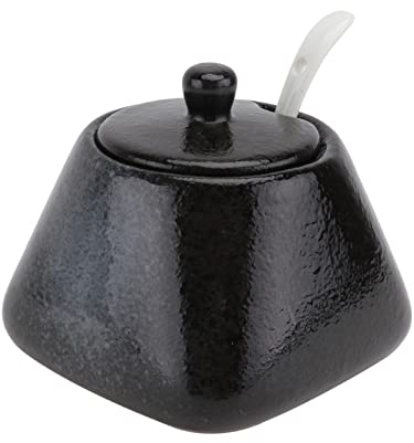 DOITOOL Sugar Bowl with Lid and Spoon, Ceramic Sugar Jar Porcelain Condiment Pot Ceramic Seasoning Bowl for Home Kitchen, Black