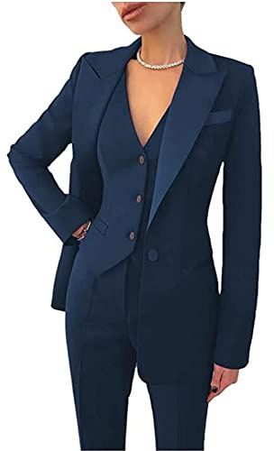 Leader of the Beauty, Abito elegante da donna, composto da 3 pezzi (giacca, gilet, pantaloni), adatto per ufficio, lavoro, affari, ballo della scuola, feste, blu navy, XXL