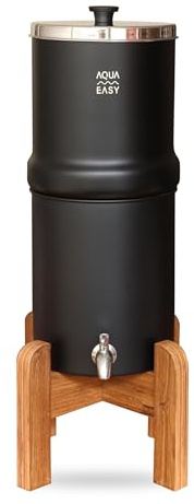 AquaEasy Gravitationsvattenfilter i rostfritt stål (2,25 gallon) med 2 x aktivt kolfilter, kran i rostfritt stål och trästativ (svart) bänkskiva vattenfiltreringssystem