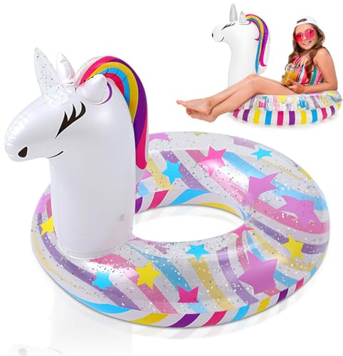 WenYa 28 Inch Unicorn Inflatable Pool Ring Float for Girls Adults | Durable PVC Swimming Pool Toy, Built-in Shiny Glitter, Rubber Ring for Swimming Pools, Beach and Summer Water Parties