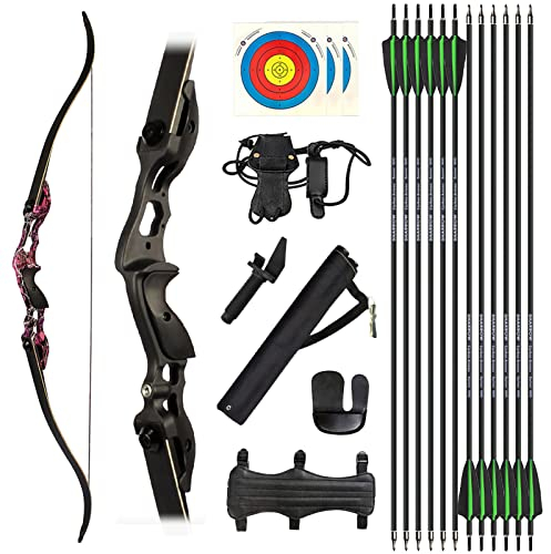 ZSHJGJR Bogenschießen Recurvebogen Set 56 58 60 Zoll 30-60lbs Take Down Recurve Bogen und Pfeil Set Jagd Bogen Für Erwachsene Anfänger mit Bogenschießen Zubehör (60-50lbs, Purple Camo-Set 2)