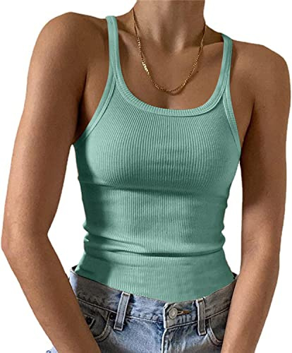 Feziakuk Spaghetti Top Damen Sexy Ärmellos Unterhemd Gerippte Tank Top Basic Einfarbig Camisole Sommer Oberteile, Hellgrün S