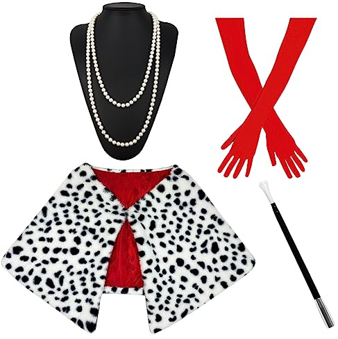 ATAYOU Weiß Schwarz Schal with Lange Rote Handschuhe Halter und Perlenkette | Halloween Damen Kostüm Zubehör Set, Cosplay Halter,Damen Karneval Fasching Fastnacht