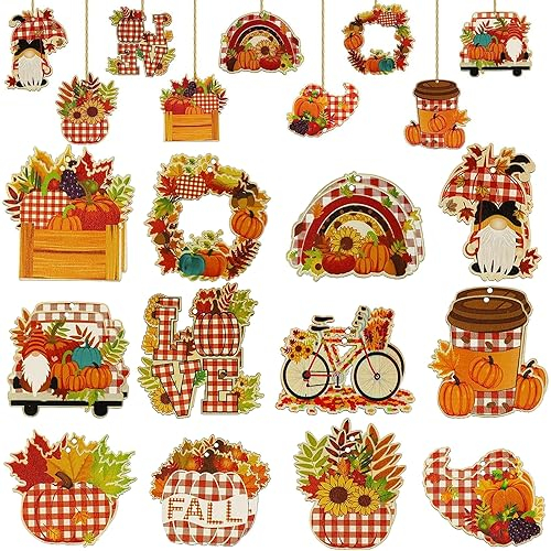 decorazione in legno, autunnale, 24 pezzi, zucca, foglia d'acero, gnomo, dipinta, per il giorno del
