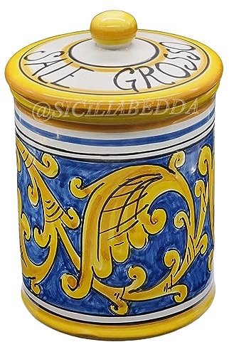 sicilia bedda - Barattoli Contenitori per Provviste in Ceramica di Caltagirone - Modello Maiolica Siciliana (Sale Grosso Altezza 15 CM)