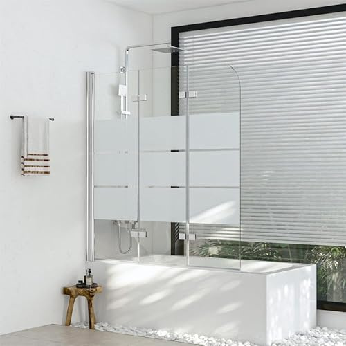 Glas Duschwand für Badewanne 130x140cm Faltbar 3-teilig Duschabtrennung, Gestreift Glas Badewannenaufsatz Duschtrennwand aus 6mm Sicherheitsglas, Dreiteilige Duschtrennwand