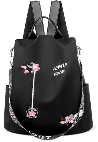 DEEVORCA Rucksack Damen Anti-Diebstahl – Leichter Wasserabweisender Nylon Rucksack mit Blumenstickerei, Umwandelbar als Schultertasche, Perfekt für Freizeit, Café & Wochenendtrips (Tiefschwarz,L)