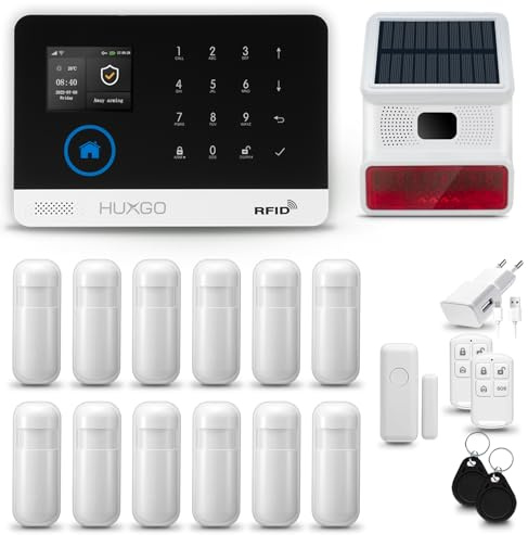 HUXGO® HXA003 Alarmanlage Haus WiFi + GSM 4G mit Funk Sirene Solar | Tuya Smartlife App | Alarm System mit Fenstersensor, 12x Bewegungssensoren | Alarmanlage Wohnung, Garage | Smart Home Security