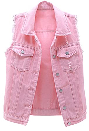 Nidddiv Gilet en jean uni sans manches - Veste débardeur ample avec poches - Couleur unie - Blouses légères pour femme - Manteau en jean à revers boutonné - Veste en jean douce de cowboy, rose, L