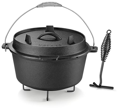 Velaze Cast Iron Pot with Lid,Cast Iron Dutch Oven for Bread Making,Pre Seasoned with Handle Covers for Camping Home Cooking BBQ Baking 9.5L