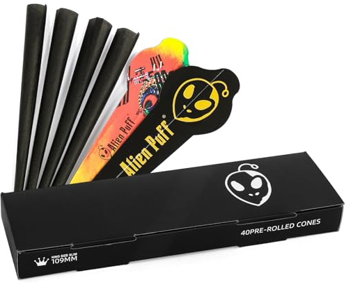 Alien-Puff Schwarz Vorgedrehte cones, 40 Packs Black Pre Rolled Cones, (110 mm King Size Papiers Cones) Long Rolling Papiers, Mit Tips & Packschläuchen Enthalten Langsam Brennend und Ultradünn