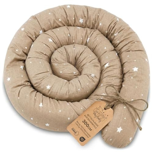 Totsy Baby Seitenschläferkissen Bettschlange Body Pillow 300 cm Baumwolle Waffel- Kopfkissen lang Bettrolle Schlafkissen Nackenrolle Kissen Oeko-Tex Beige mit Weiß Sternen