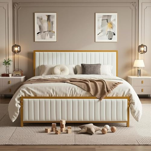 VECELO Letto matrimoniale imbottito 140 x 190 cm, piattaforma, supporto a doghe in legno solido, nessuna rete imbottita necessaria, tessuto vellutato, facile da montare, beige