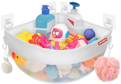 UNEEDE Soporte de almacenamiento de juguetes de baño montado en esquina de 4.32 galones, organizador de ducha de malla para organizador de bañera, soporte de secado rápido