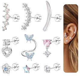 Diamday 9Pcs Helix Piercings Chirurgenstahl Piercing Ohr für Damen Tragus Piercing Ohrringe Set Hypoallergen Flatback Ohrstecker Ohrpiercing Helix Tragus Conch Rook Piercings Ohr Gold Silber