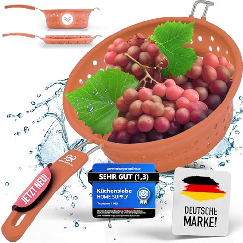 HOME SUPPLY 3-in-1 Faltbares Sieb aus Silikon und rostfreiem Edelstahl, Küchensieb, Nudelsieb, Dampfgar Einsatz, Abtropfsieb, platzsparend, multifunktional, geschirrspülfest, 21cm Lachsrosa