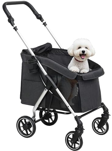 PawHut Poussette buggy pliable pour chien, porte-gobelets, laisse de sécurité, roues avec frein à 360°, fenêtre à mailles, alliage d'aluminium, chariot pour chien chat petit et miniature, gris
