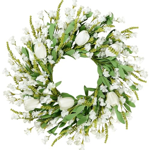 Sggvecsy Frühlings- und Sommerkranz für Haustür, 55,9 cm, künstliche weiße Blume mit weißen Tulpen, grünen Blättern, Lavendel, für alle Jahreszeiten, Zuhause, Bauernhaus, Innen- und Außenbereich