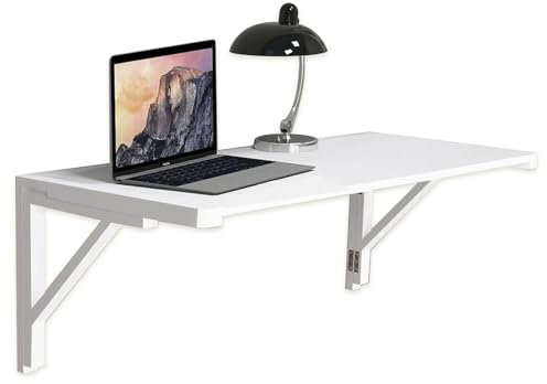 Wall Mounted Folding Desk - White Wood Floating Breakfast Bar & Dining Table Foldable Computer & Laptop Desk Wall-Mounted Writing Desk with Brackets (L100xW60cm / L39xW24in)