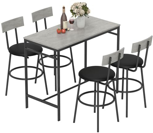 HOMCOM Set Tavolo Bar con 4 Sgabelli con Imbottitura Pelle PU, Bancone Bar e Sedie Cucina Salvaspazio con Gambe in Acciaio, Stile Moderno, Tavolo Alto con Sgabelli per Casa Pranzo Soggiorno, Grigio