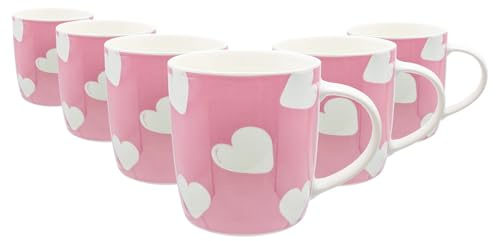 Nicola Spring 350ml Simply Home Stoneware Mugs - Pink & White Hearts - 6X Large Reusable Cute Ceramic Coloured Coffee Latte Hot Drinks Tea Cups Set with Handle | Gifts for Men & Women