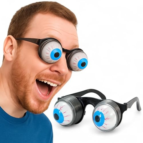 MIJOMA Partybrille Glubschaugen Wackelaugen Gagbrille für Kinder & Erwachsene – Lustige Brille für Fasching Karneval Halloween Kostüm Spaßartikel mit Augen an Feder ca. 12 cm